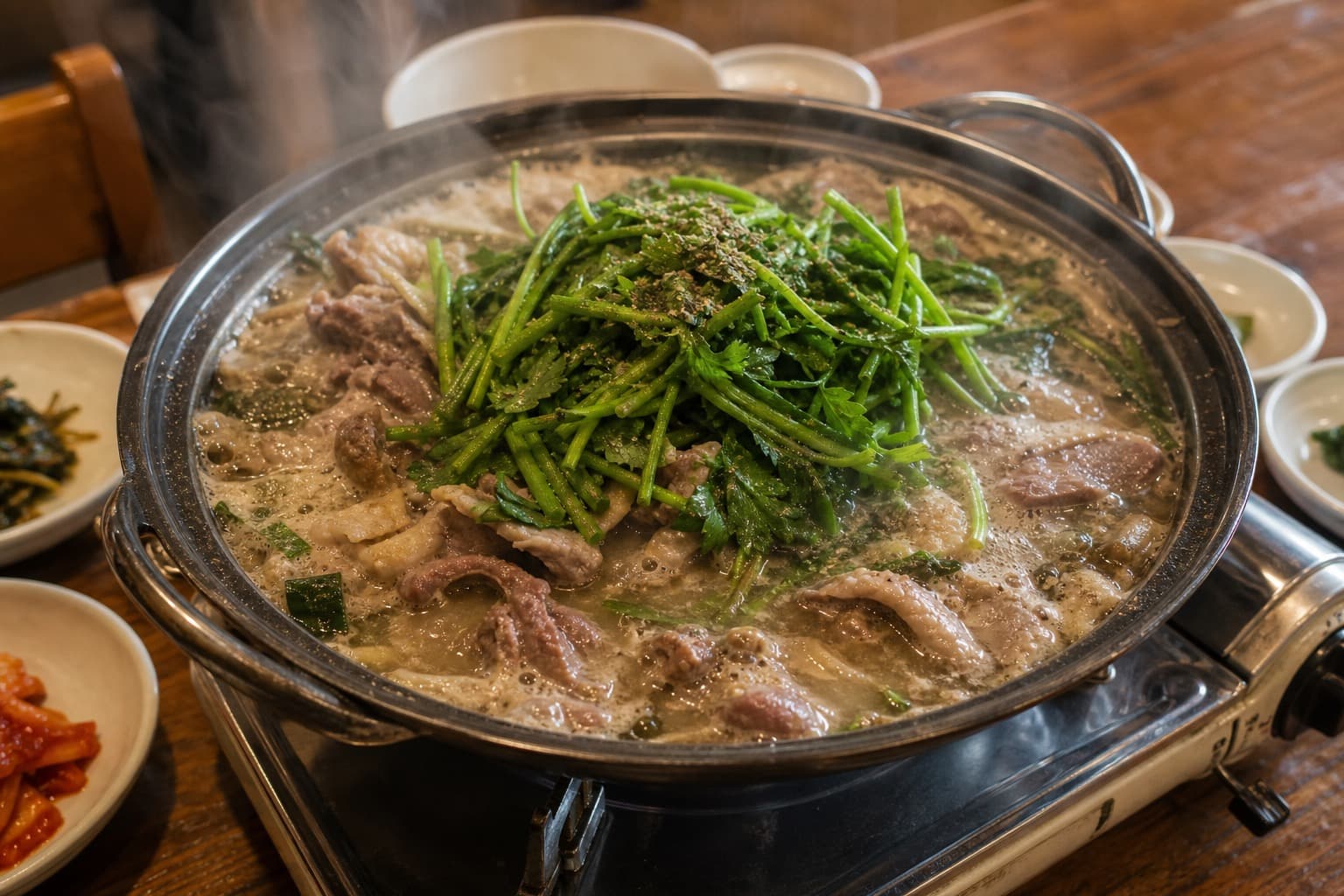 The pot, still bubbling