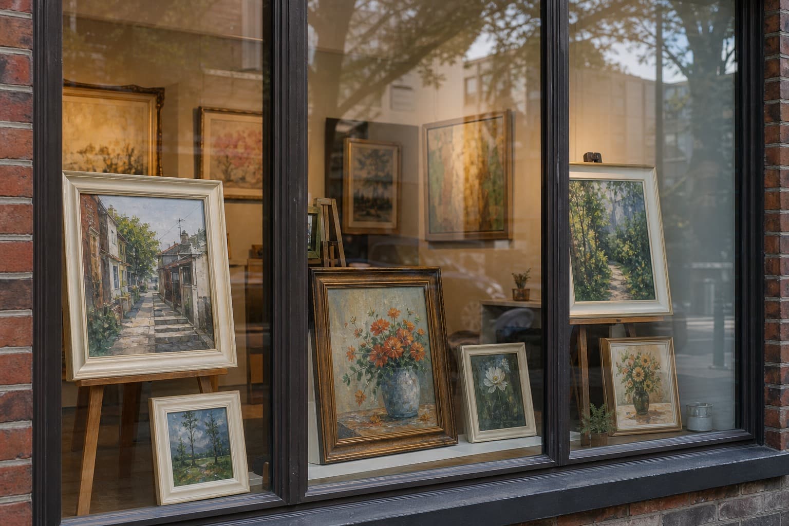 A gallery window of paintings